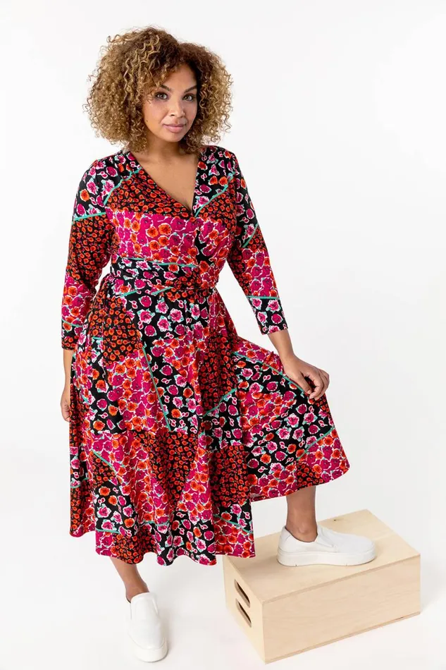Red Curve Patchwork Floral Print Wrap Dress Women Roman Dresses