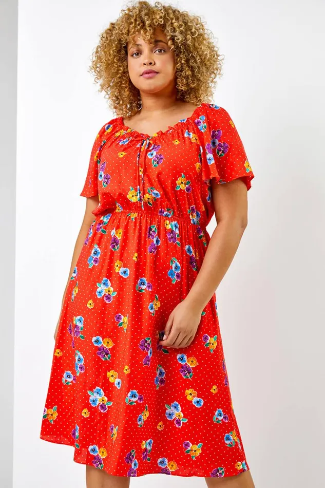 Red Curve Spot Floral Print Sweetheart Midi Dress Women Roman Dresses