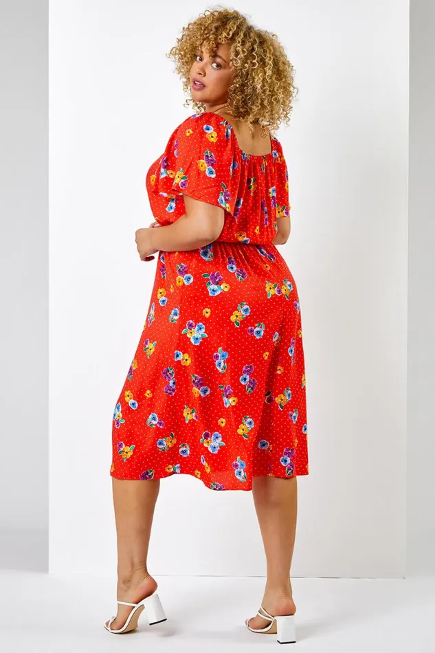 Red Curve Spot Floral Print Sweetheart Midi Dress Women Roman Dresses