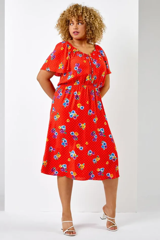 Red Curve Spot Floral Print Sweetheart Midi Dress Women Roman Dresses
