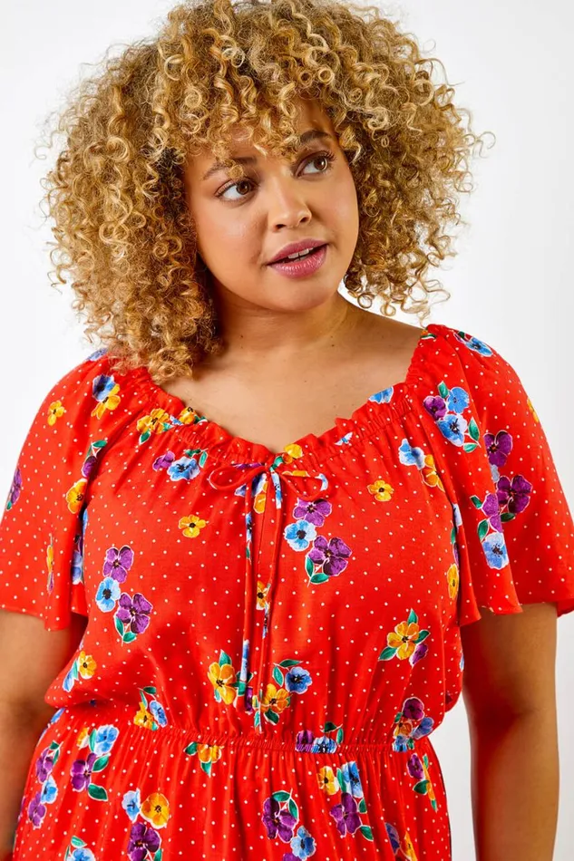 Red Curve Spot Floral Print Sweetheart Midi Dress Women Roman Dresses