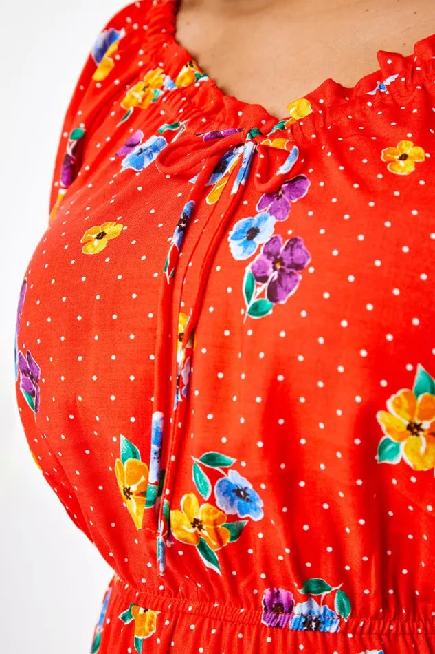 Red Curve Spot Floral Print Sweetheart Midi Dress Women Roman Dresses