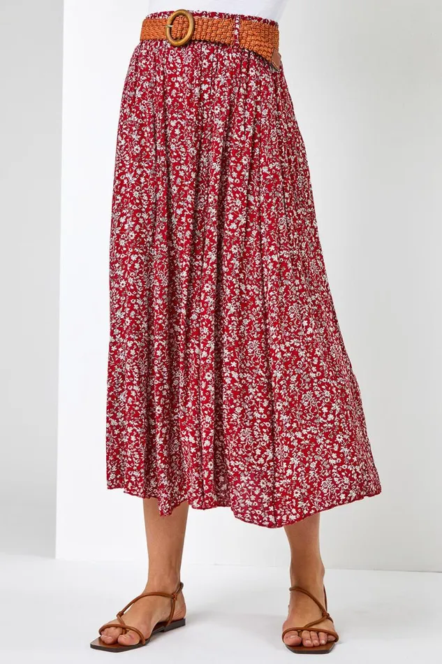 Red Ditsy Floral Belted Elastic Waist Midi Skirt Women Roman Skirts