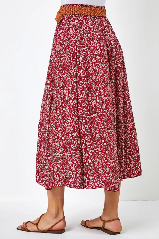 Red Ditsy Floral Belted Elastic Waist Midi Skirt Women Roman Skirts