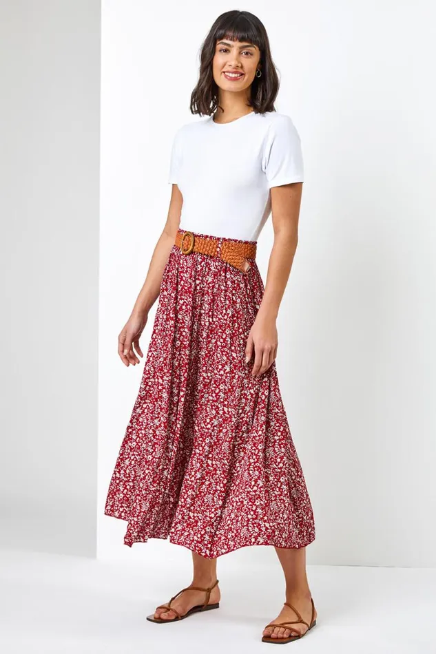 Red Ditsy Floral Belted Elastic Waist Midi Skirt Women Roman Skirts