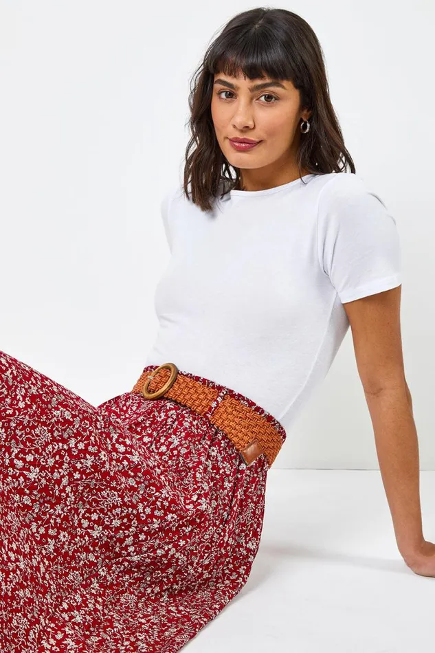 Red Ditsy Floral Belted Elastic Waist Midi Skirt Women Roman Skirts