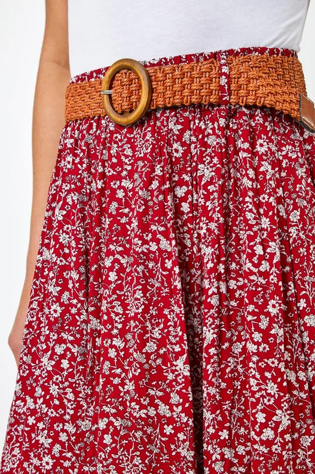 Red Ditsy Floral Belted Elastic Waist Midi Skirt Women Roman Skirts