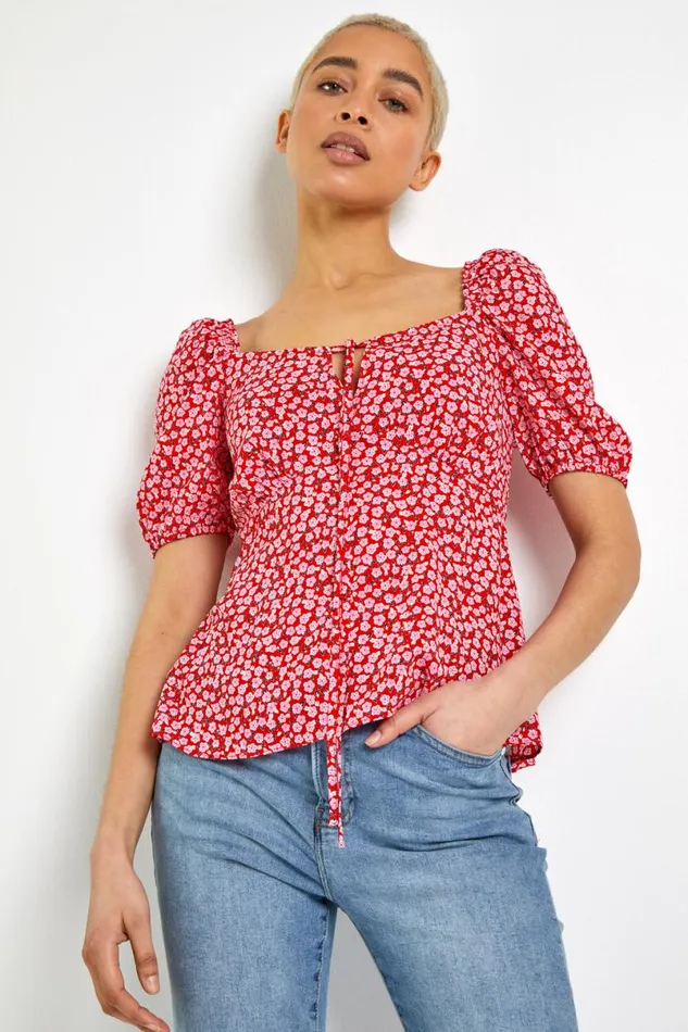 Red Ditsy Floral Tie Neck Peplum Top Women Roman Tops