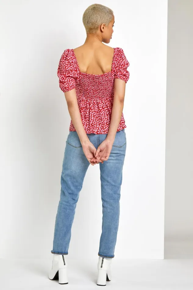Red Ditsy Floral Tie Neck Peplum Top Women Roman Tops