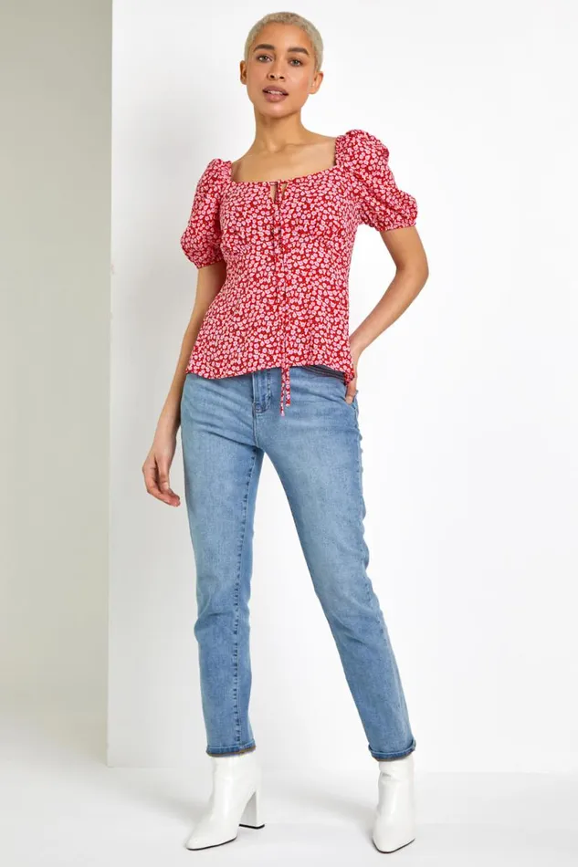 Red Ditsy Floral Tie Neck Peplum Top Women Roman Tops