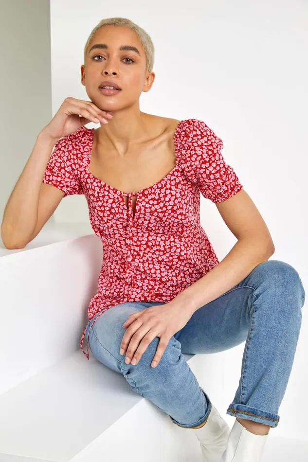Red Ditsy Floral Tie Neck Peplum Top Women Roman Tops