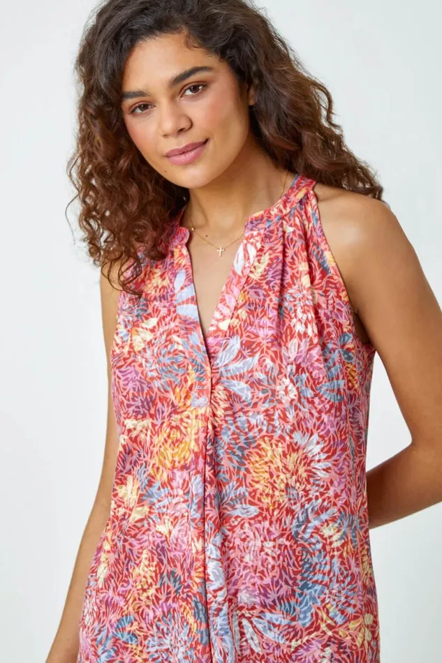 Red Floral Burnout Print VNeck Vest Top Women Roman Tops