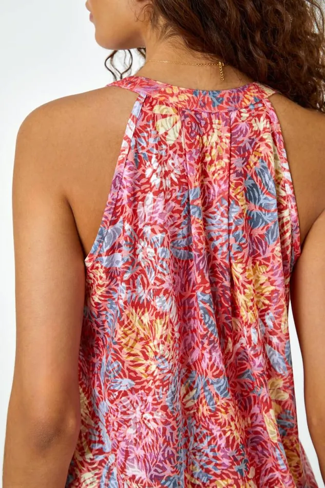 Red Floral Burnout Print VNeck Vest Top Women Roman Tops