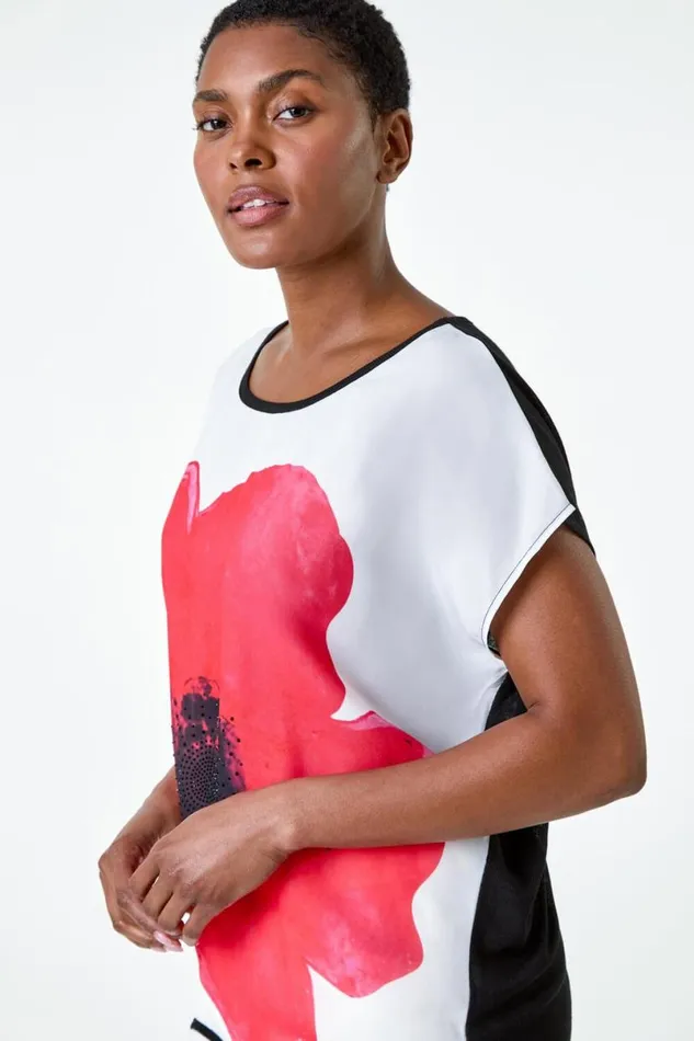 Red Floral Embellished Longline Stretch Top Women Roman Tops