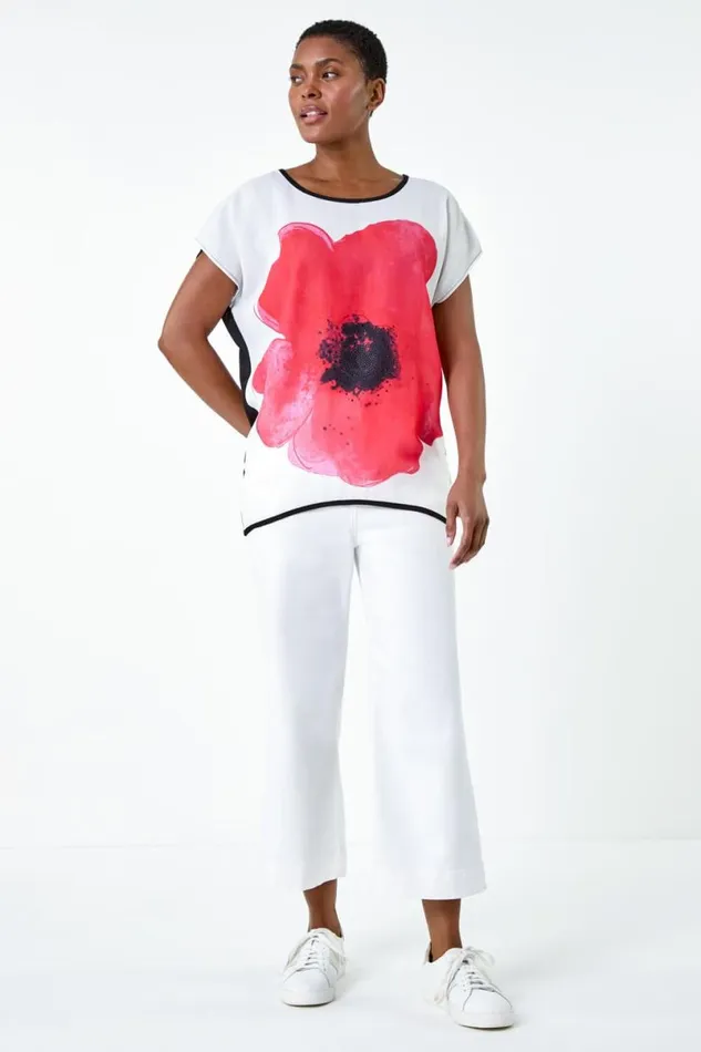 Red Floral Embellished Longline Stretch Top Women Roman Tops