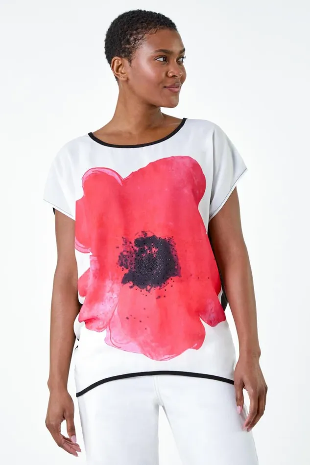 Red Floral Embellished Longline Stretch Top Women Roman Tops
