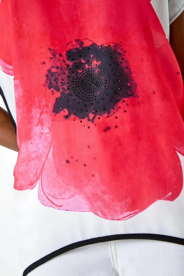 Red Floral Embellished Longline Stretch Top Women Roman Tops