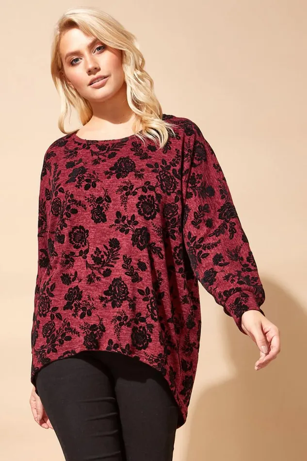 Red Floral Flock Print Top Women Roman Tops