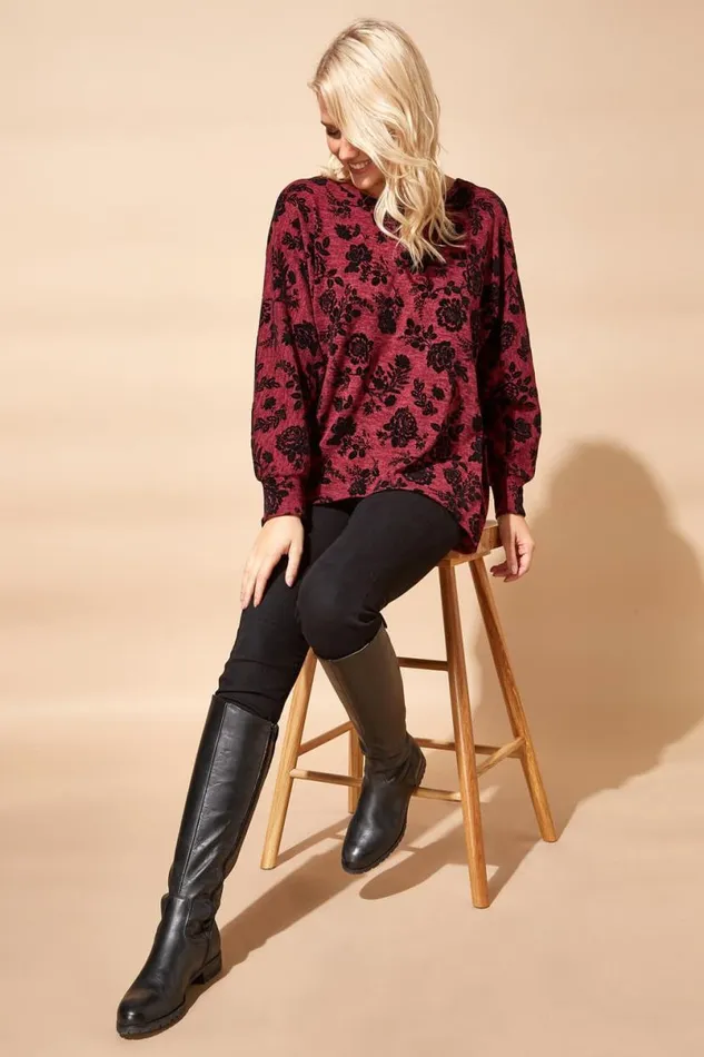 Red Floral Flock Print Top Women Roman Tops