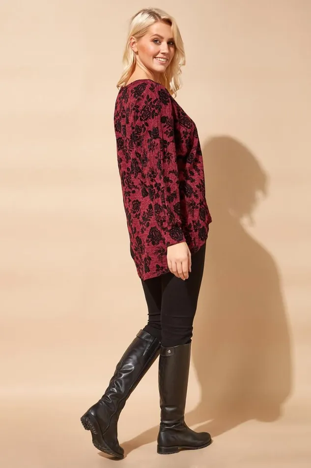 Red Floral Flock Print Top Women Roman Tops