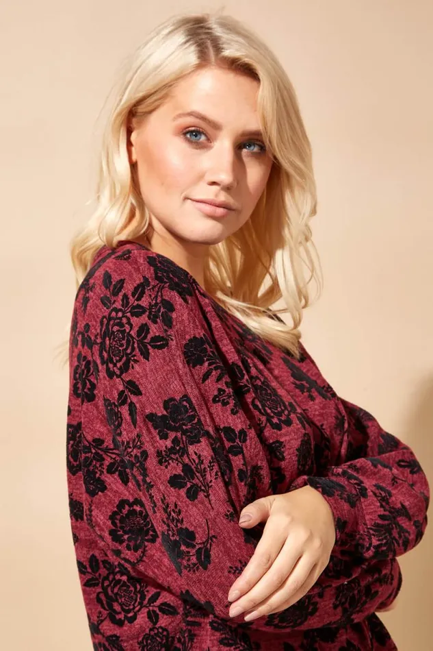 Red Floral Flock Print Top Women Roman Tops