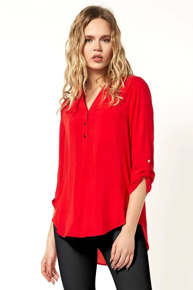 Red Notch Neck Button Front Tunic Top Women Roman Tops