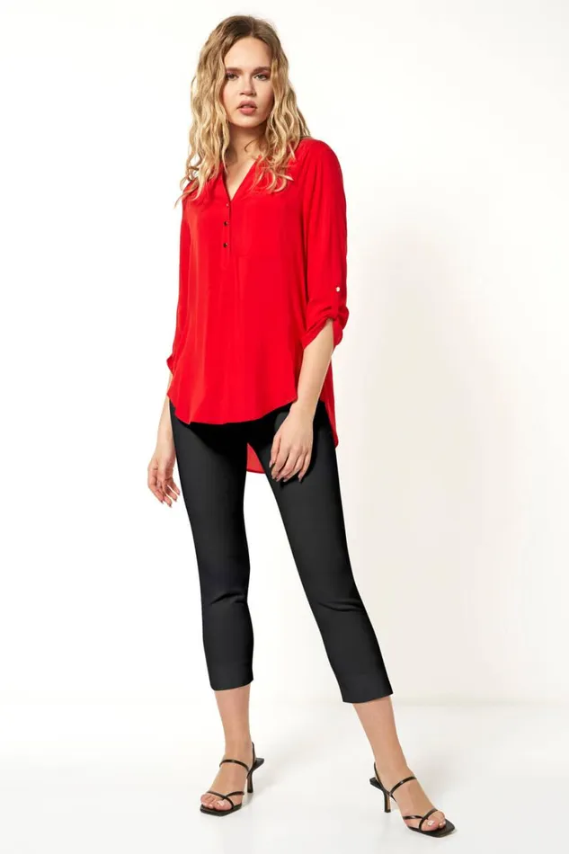 Red Notch Neck Button Front Tunic Top Women Roman Tops