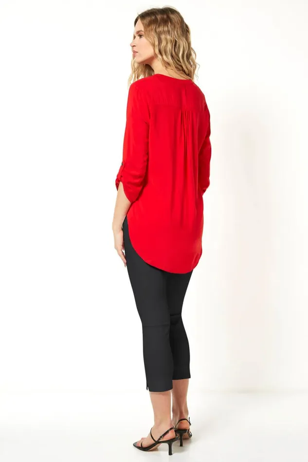 Red Notch Neck Button Front Tunic Top Women Roman Tops