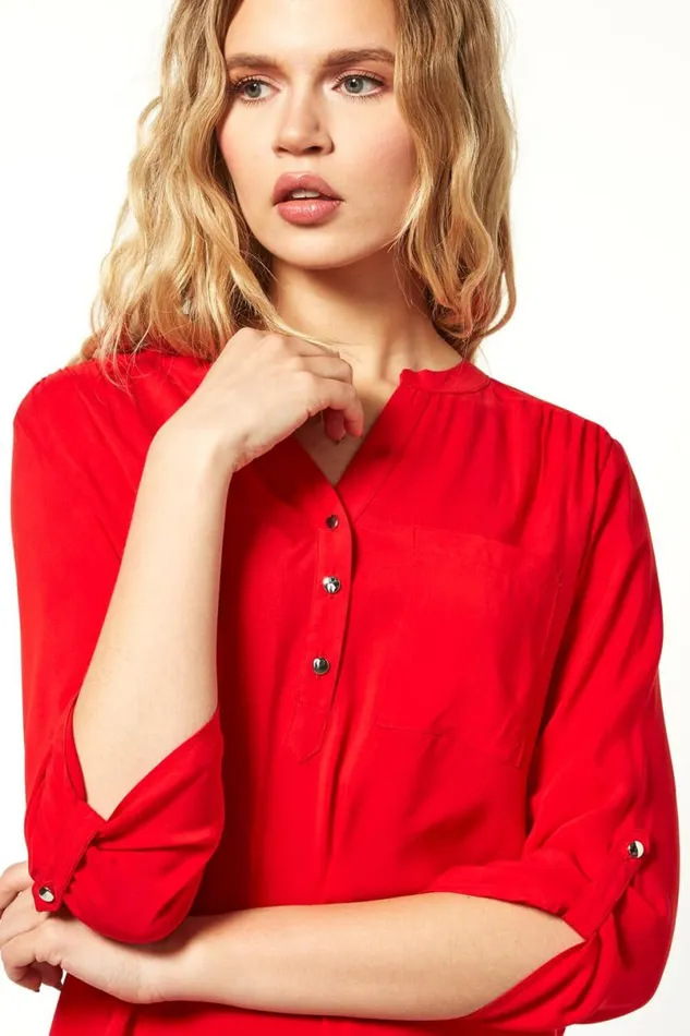 Red Notch Neck Button Front Tunic Top Women Roman Tops
