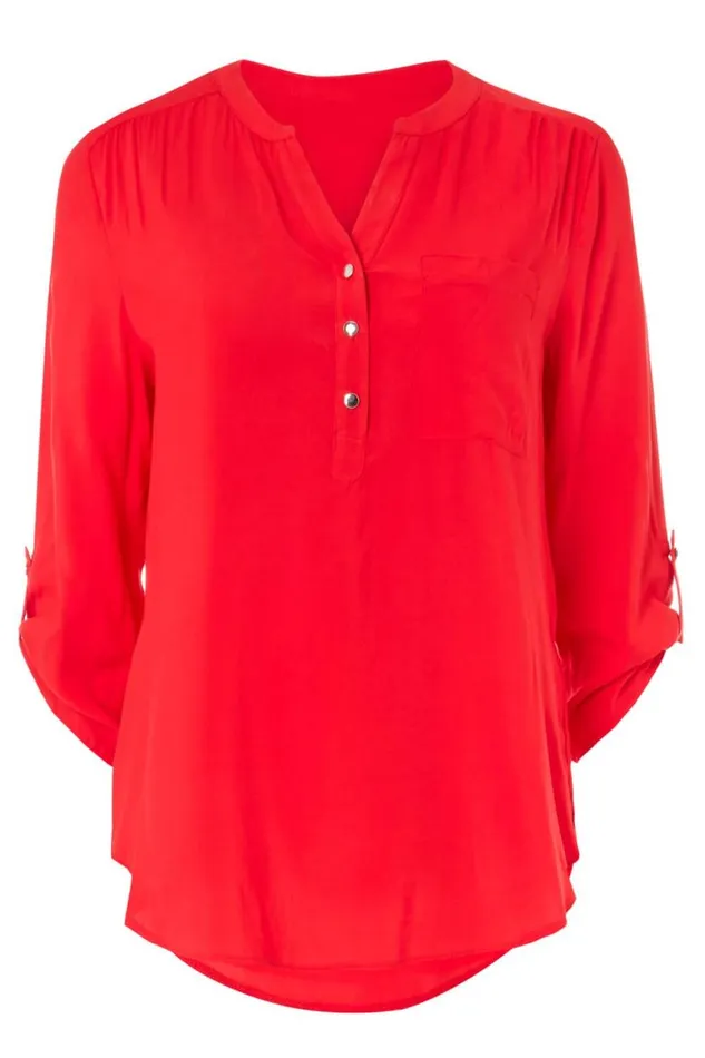 Red Notch Neck Button Front Tunic Top Women Roman Tops