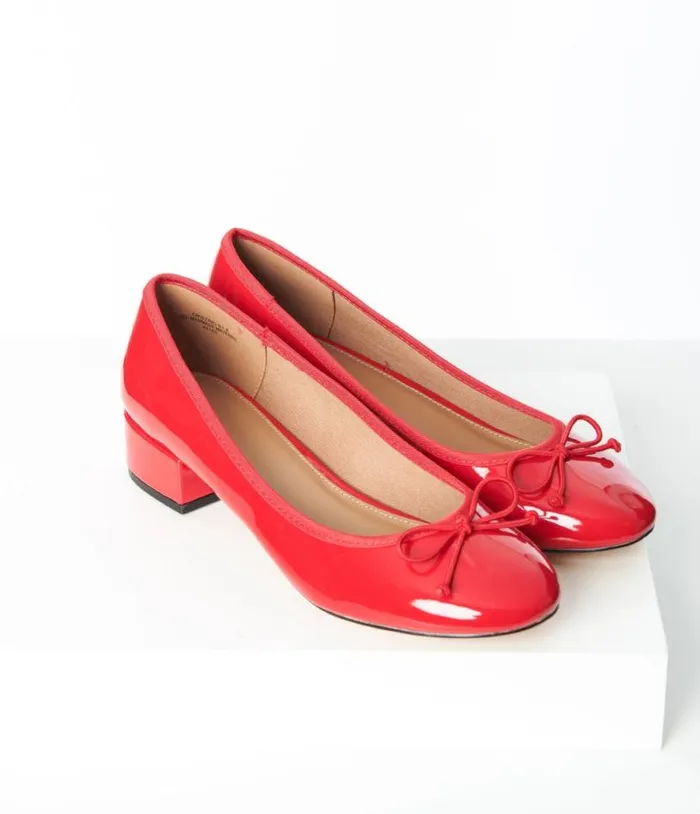 Red Patent Leatherette Ballet Kitten Heels Shoes Unique Vintage Heels