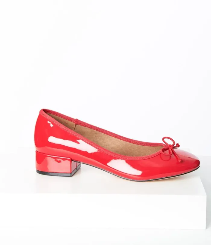 Red Patent Leatherette Ballet Kitten Heels Shoes Unique Vintage Heels