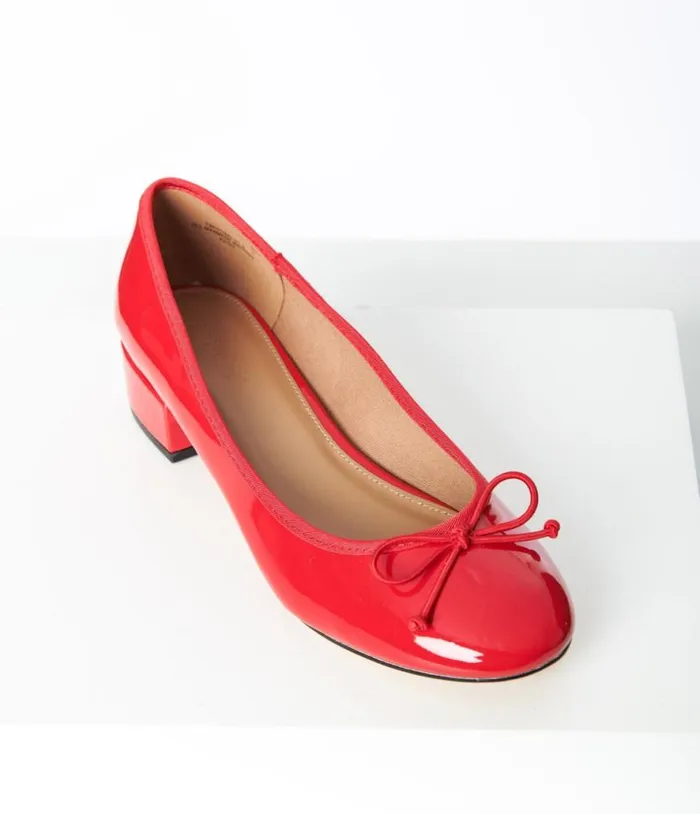 Red Patent Leatherette Ballet Kitten Heels Shoes Unique Vintage Heels