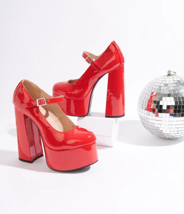 Red Patent Leatherette Platform Mary Jane Heels Shoes Unique Vintage Heels