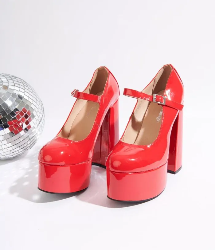 Red Patent Leatherette Platform Mary Jane Heels Shoes Unique Vintage Heels