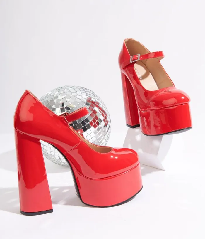 Red Patent Leatherette Platform Mary Jane Heels Shoes Unique Vintage Heels