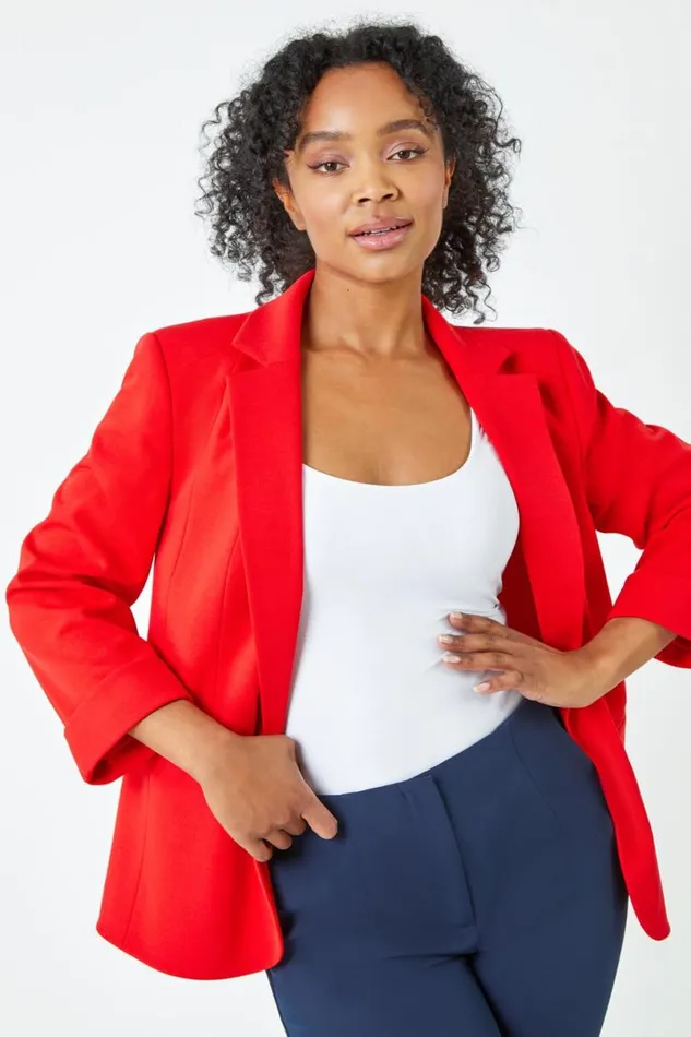 Red Petite 34 Sleeve Classic Stretch Blazer Women Roman Jackets