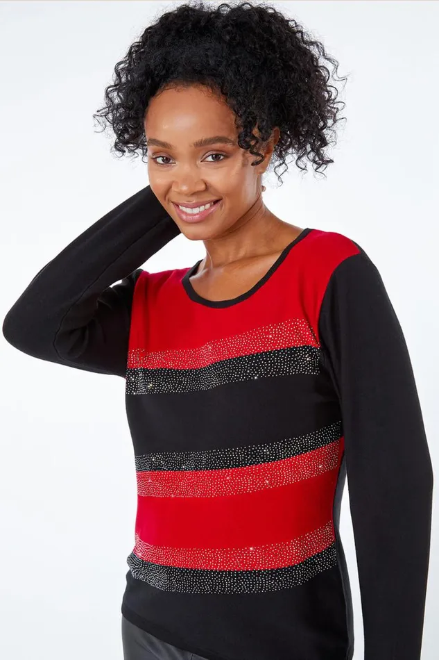 Red Petite Embellished Stripe Jumper Women Roman Knitwear