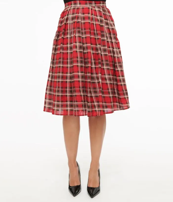 Red Plaid Fit and Flare Cotton Skirt Clothing Unique Vintage Skirts