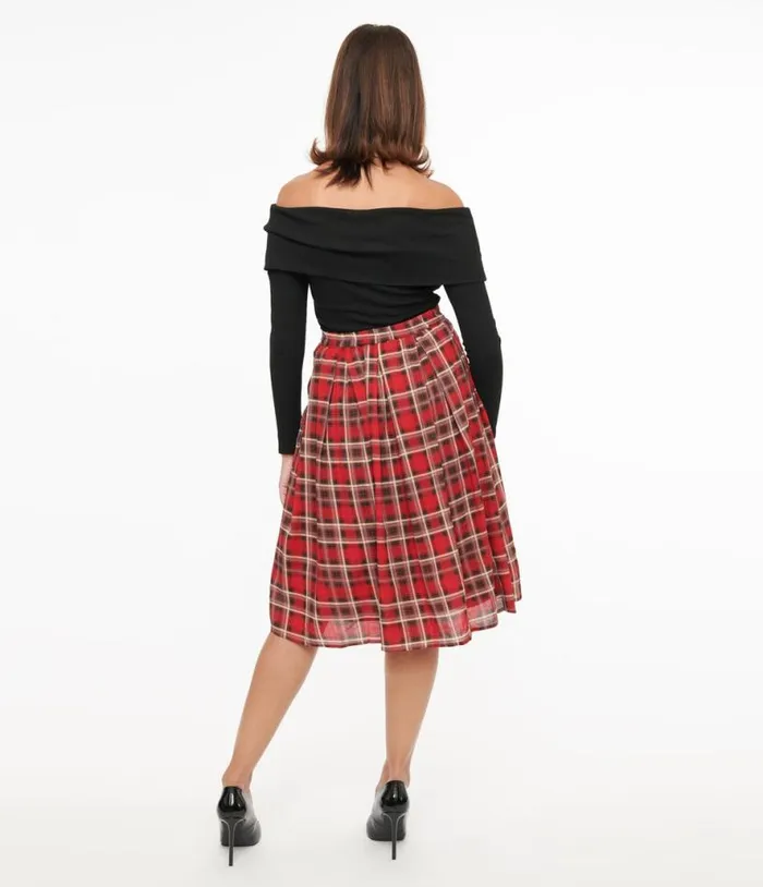 Red Plaid Fit and Flare Cotton Skirt Clothing Unique Vintage Skirts