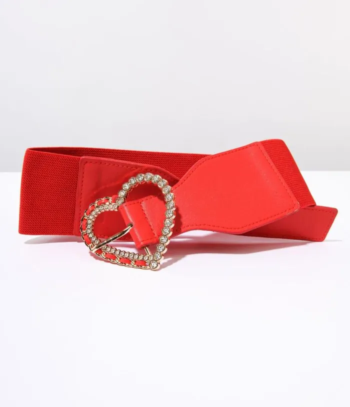 Red Rhinestone Heart Buckle Cinch Belt Accessories Unique Vintage Belts