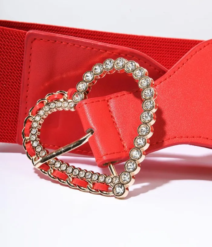 Red Rhinestone Heart Buckle Cinch Belt Accessories Unique Vintage Belts