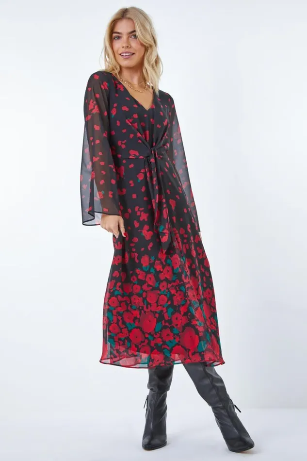 Red Rose Print Chiffon Midi Dress Women Roman Dresses
