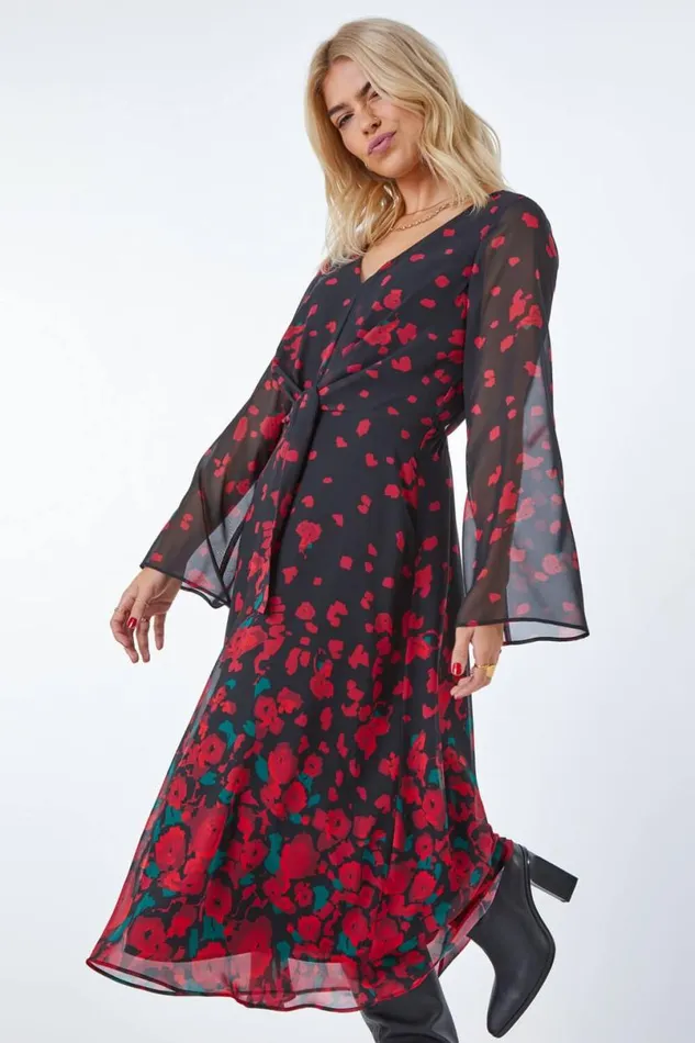 Red Rose Print Chiffon Midi Dress Women Roman Dresses