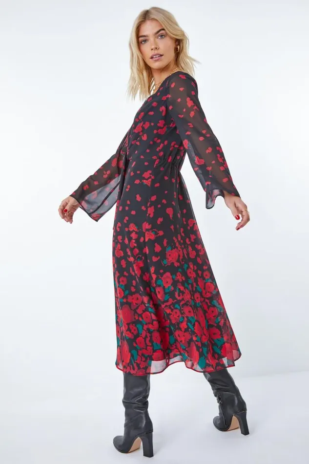 Red Rose Print Chiffon Midi Dress Women Roman Dresses