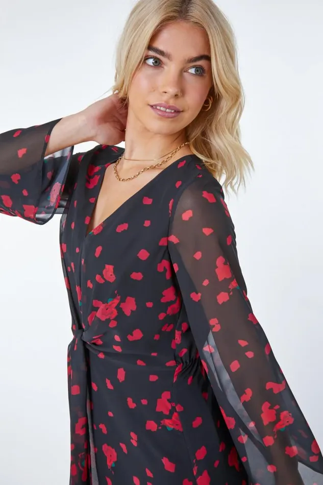 Red Rose Print Chiffon Midi Dress Women Roman Dresses