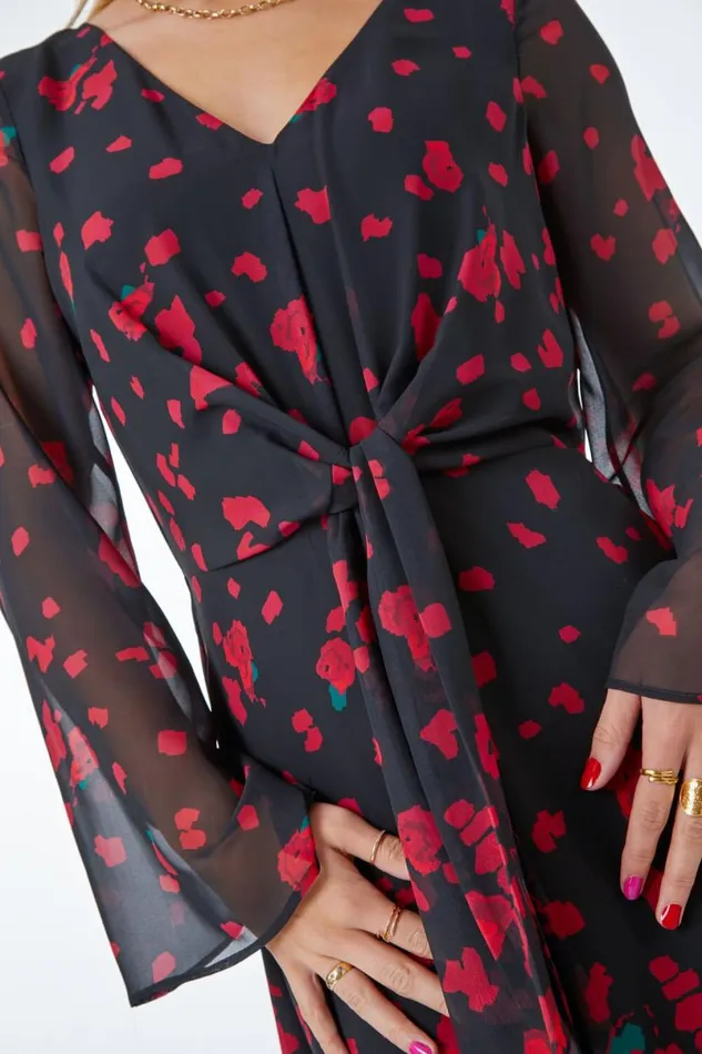 Red Rose Print Chiffon Midi Dress Women Roman Dresses