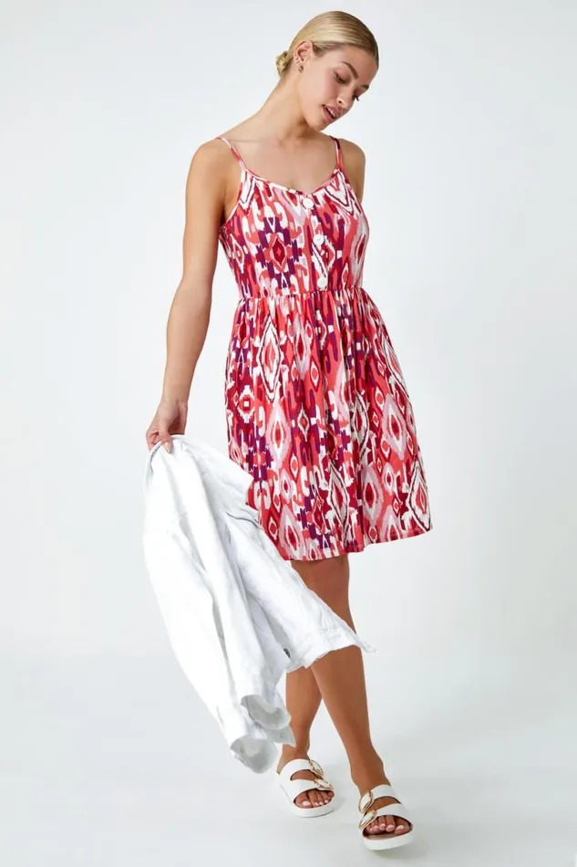 Red Sleeveless Aztec Print Mini Skater Dress Women Roman Dresses