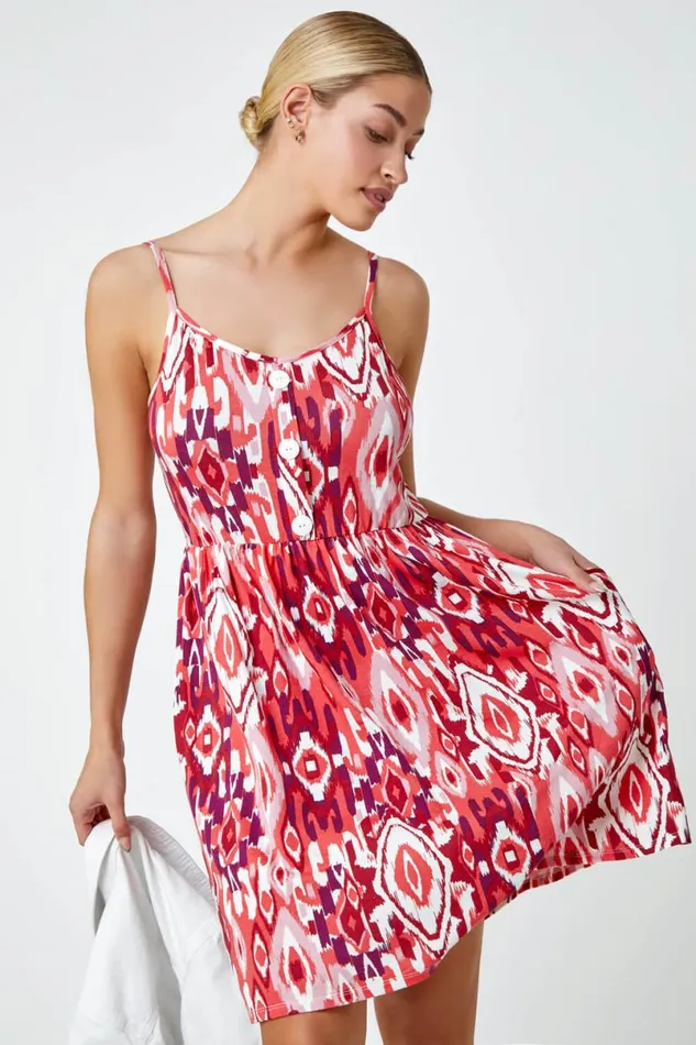 Red Sleeveless Aztec Print Mini Skater Dress Women Roman Dresses