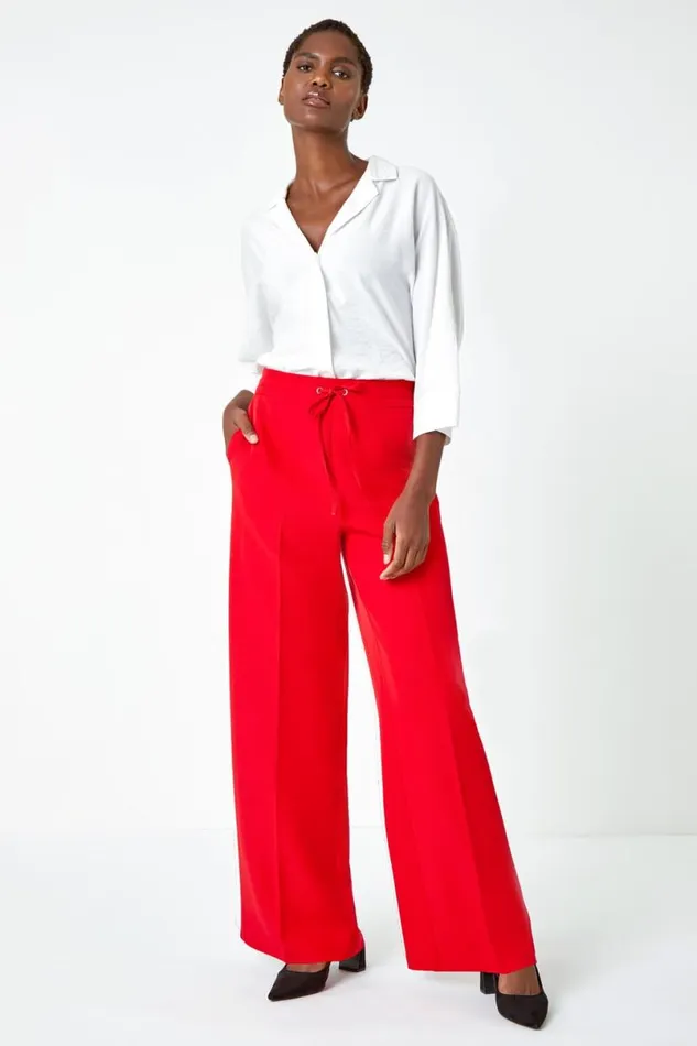Red Wide Leg Tie Front Stretch Trouser Women Roman Trousers